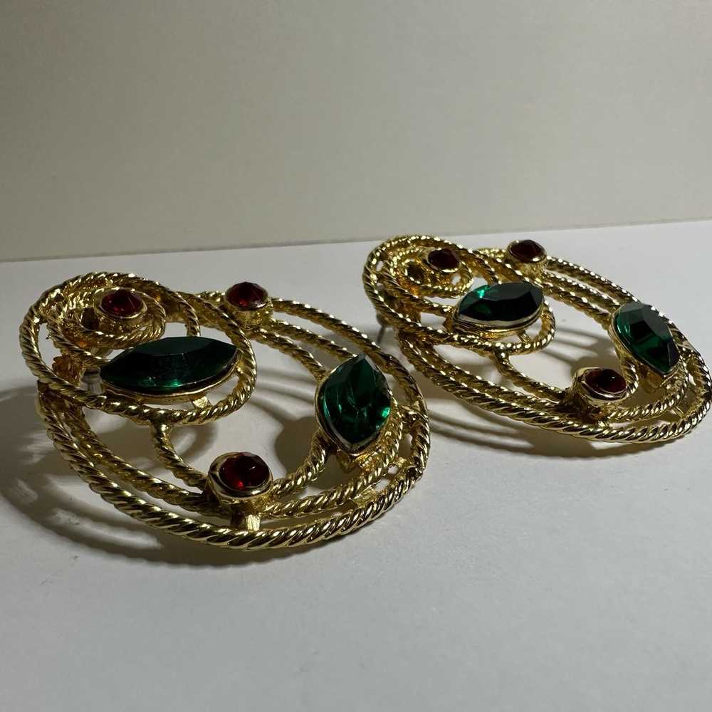 Large Gold Tone Multiple Circles Red & Green Rhin… - image 2