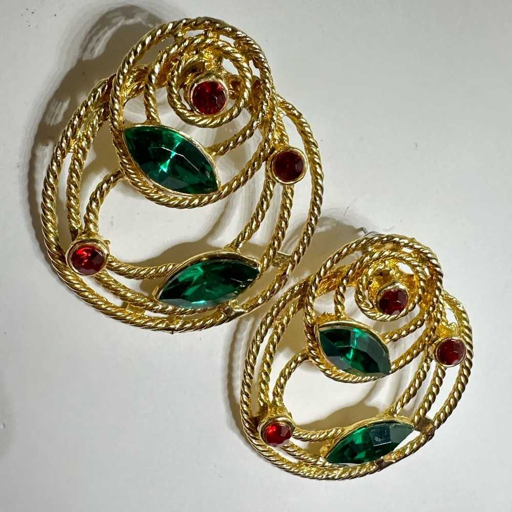 Large Gold Tone Multiple Circles Red & Green Rhin… - image 3