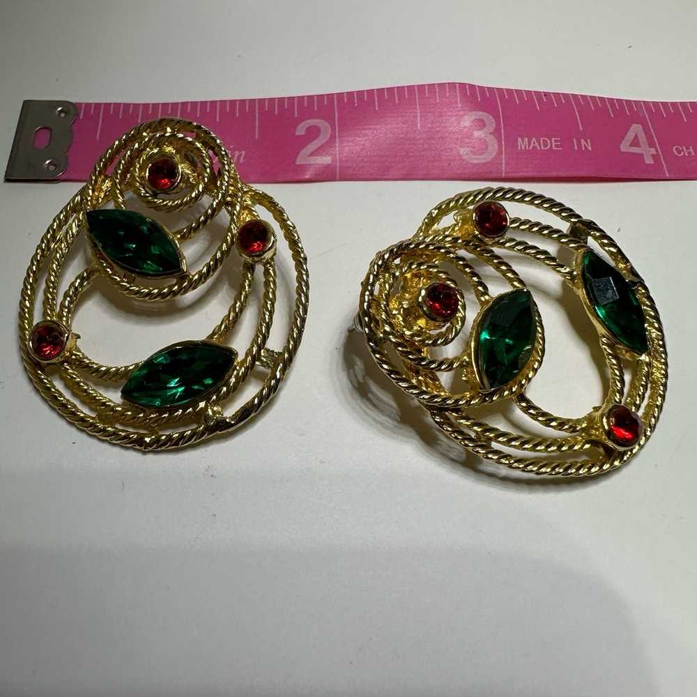 Large Gold Tone Multiple Circles Red & Green Rhin… - image 5