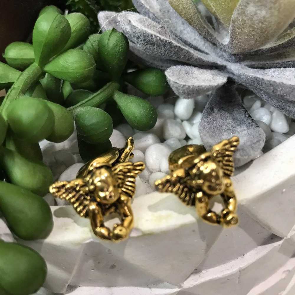 Gold tone Putti winged Cherub earrings - image 2