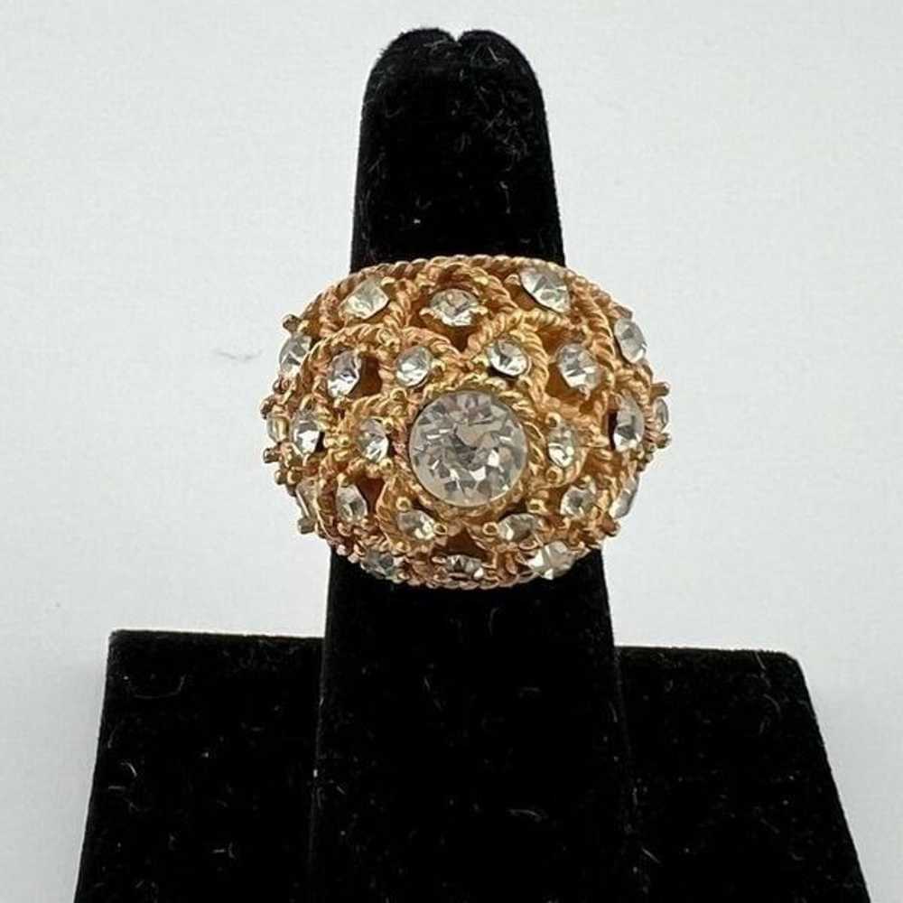 Vintage CROWN TRIFARI Domed Goldtone Ring Diamond… - image 1