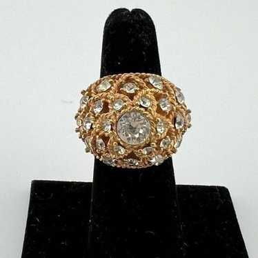 Vintage CROWN TRIFARI Domed Goldtone Ring Diamond… - image 1