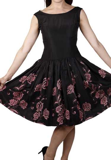 Black Dress w/ Pink Floral Embroidery & Pleats 195