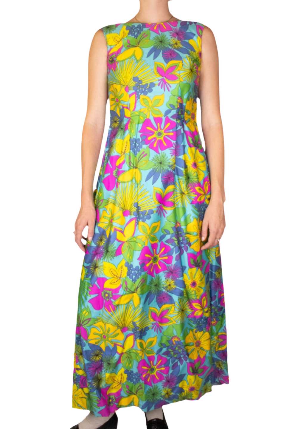 Blue & Colorful Floral Hawaiian Maxi Dress 1960s - image 1