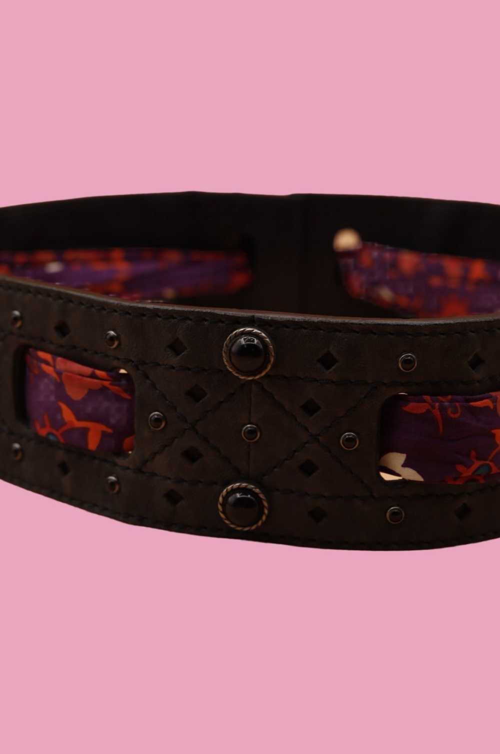 Christian Dior Black Leather Grommet Belt w/ Silk… - image 3