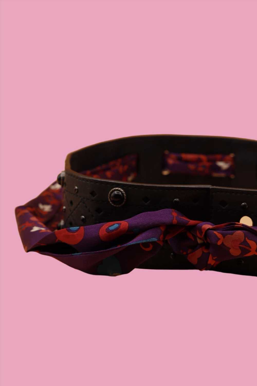 Christian Dior Black Leather Grommet Belt w/ Silk… - image 4