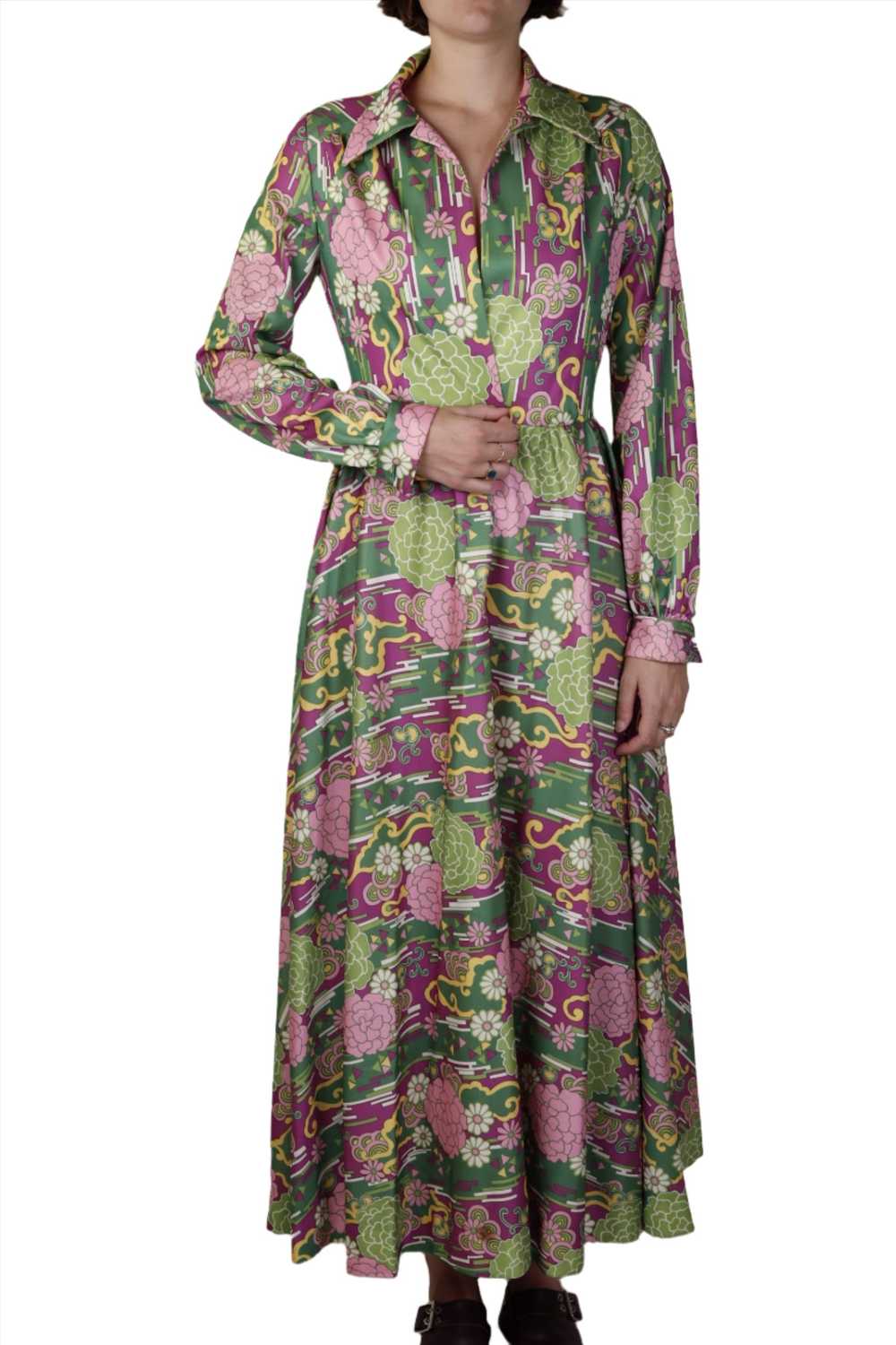 Green & Purple Floral Graphic Long Sleeve Maxi Dr… - image 2