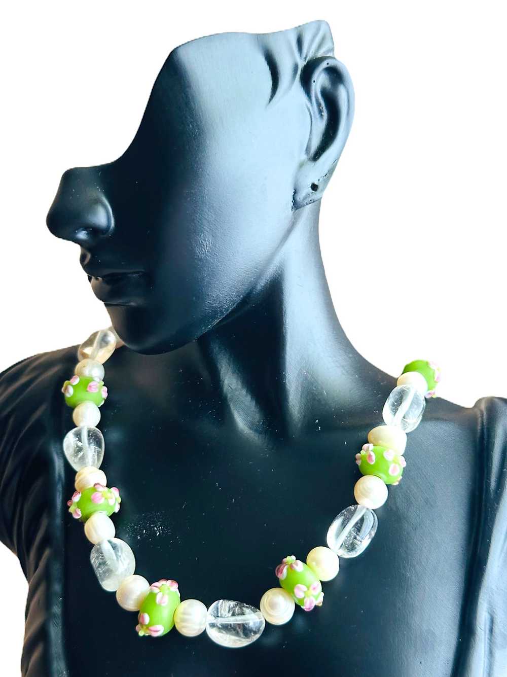 Hand Made Green & White Freshwater Pearls & Muran… - image 1