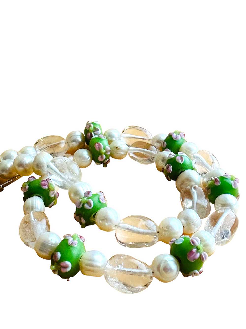 Hand Made Green & White Freshwater Pearls & Muran… - image 3