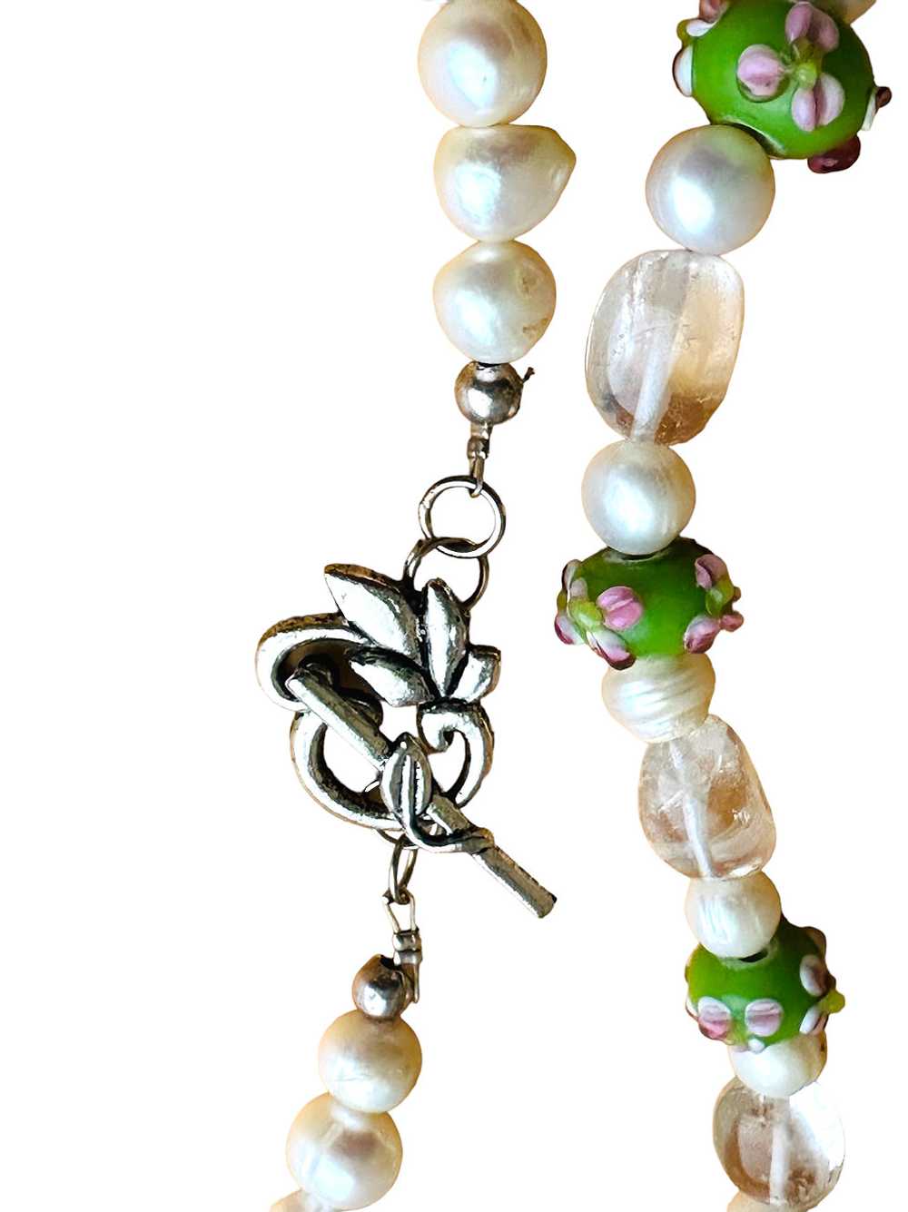 Hand Made Green & White Freshwater Pearls & Muran… - image 4