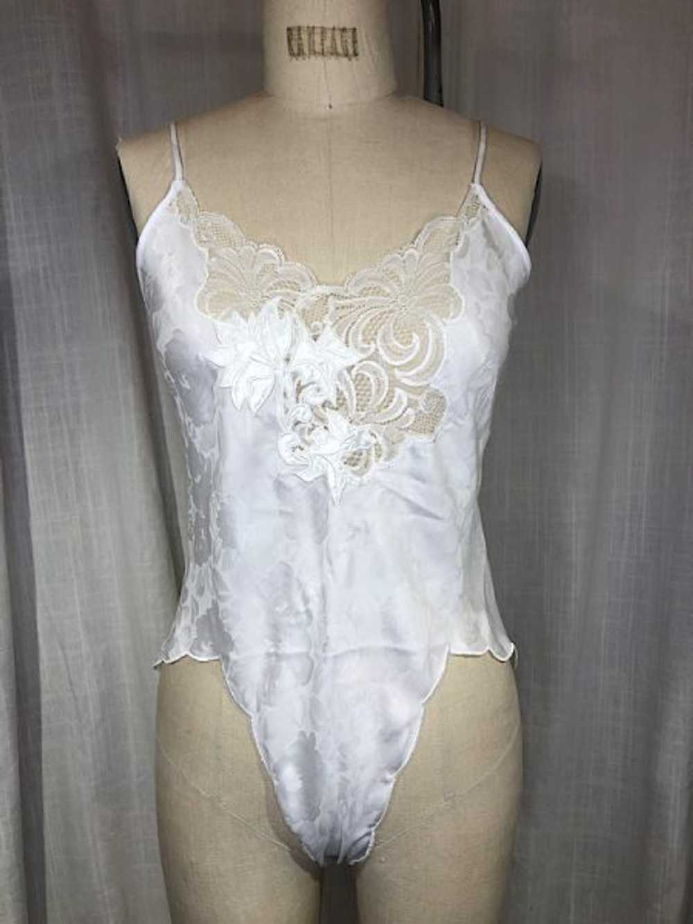 Vintage 80s White Lace High cut Teddy - image 1