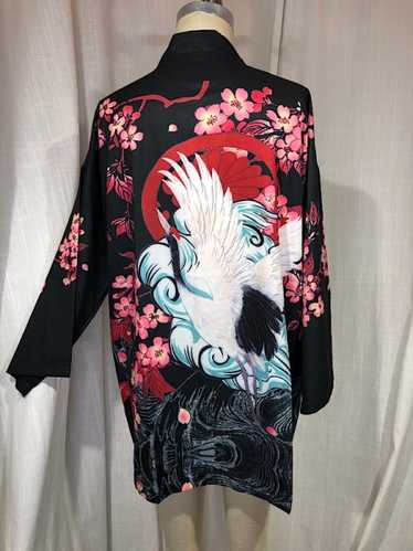 Vintage Inspired 80s Black Crane Print Kimono Jack