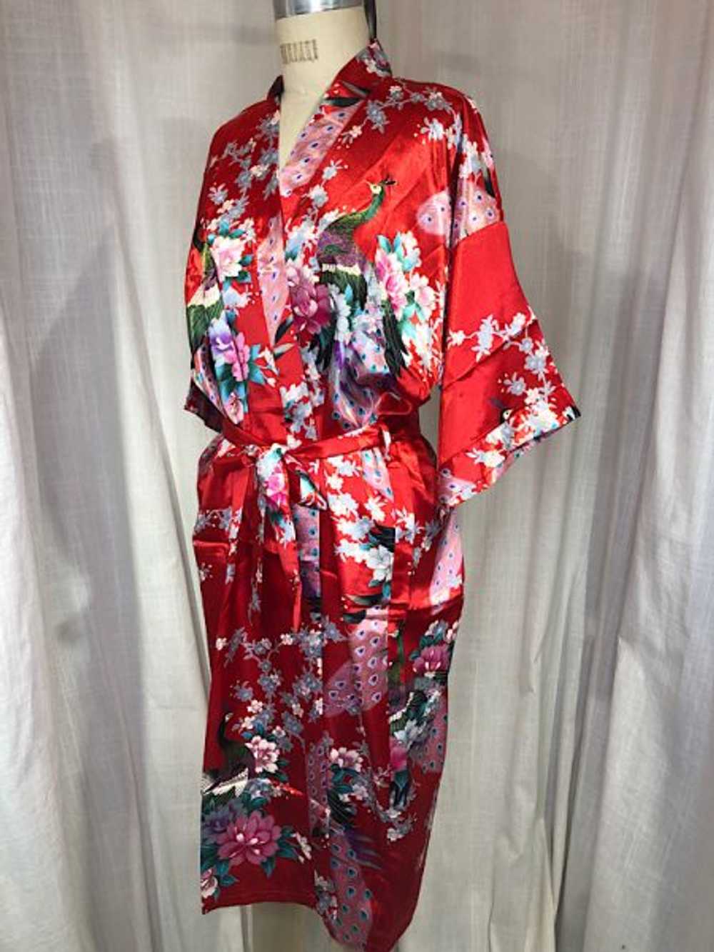 Vintage Y2k Red Peacock Kimono Robe - image 3