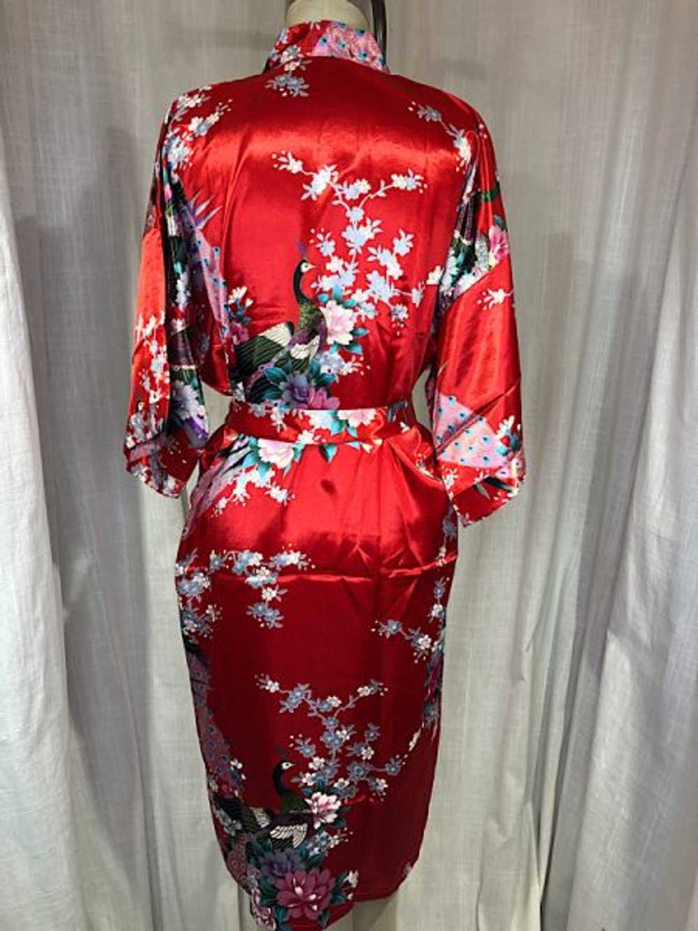 Vintage Y2k Red Peacock Kimono Robe - image 5