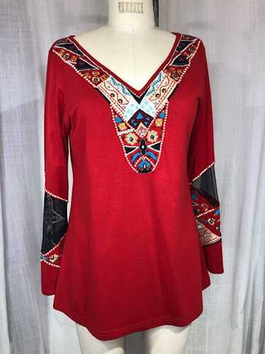 Vintage Y2K Red Knit Embroidered Ethnic Blouse