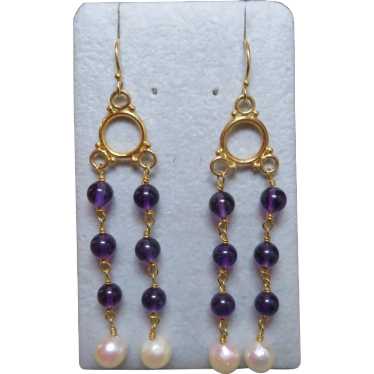 Unique 14k Yellow Gold, Amethyst and pearl dangle… - image 1