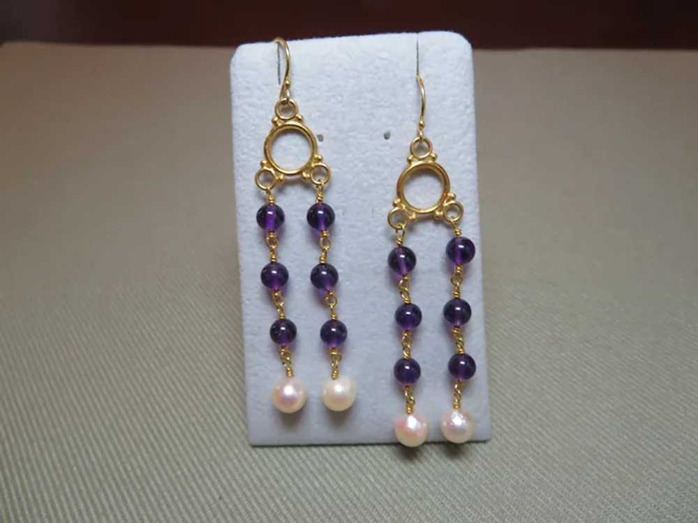 Unique 14k Yellow Gold, Amethyst and pearl dangle… - image 2