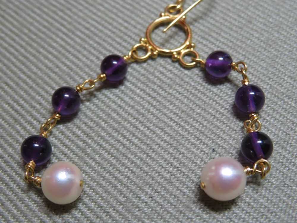 Unique 14k Yellow Gold, Amethyst and pearl dangle… - image 3