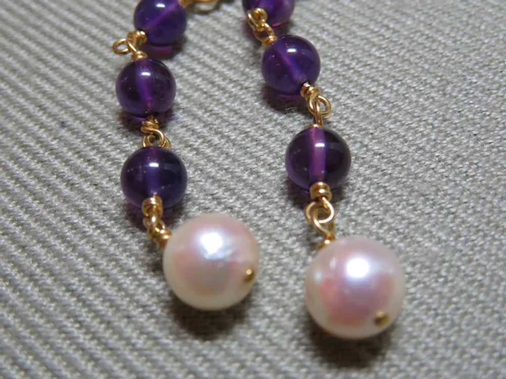 Unique 14k Yellow Gold, Amethyst and pearl dangle… - image 4