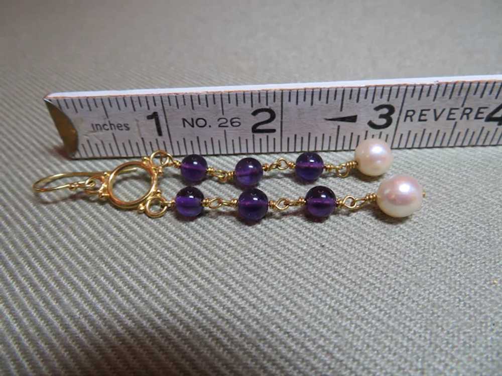 Unique 14k Yellow Gold, Amethyst and pearl dangle… - image 6