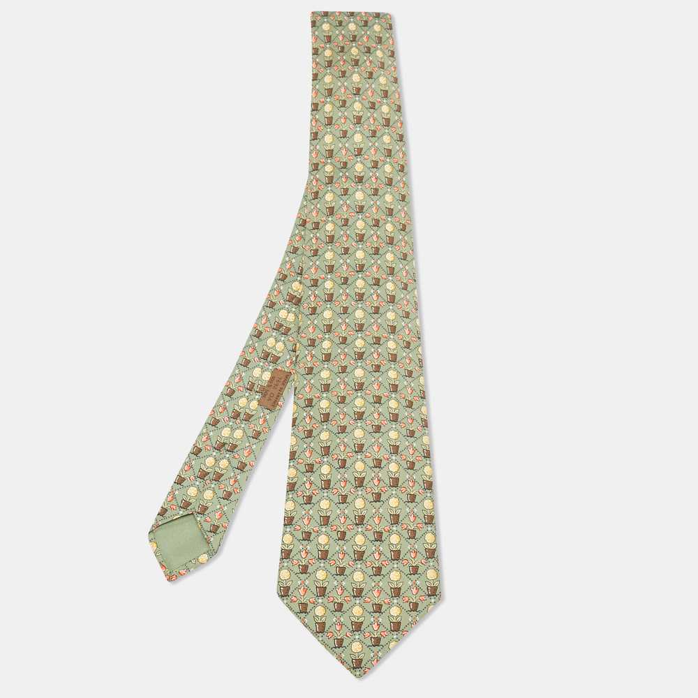 Hermes Green Flower Pot Print Silk Tie - image 1