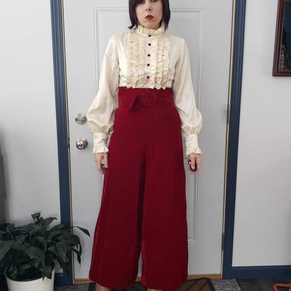 70s Red Velvet and Cream Satin Jumpsuit - image 1