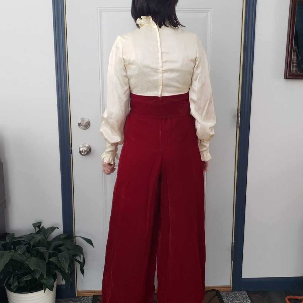 70s Red Velvet and Cream Satin Jumpsuit - image 3