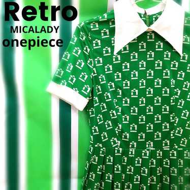 Showa Retro Old Micaredy Green Patterned Dress