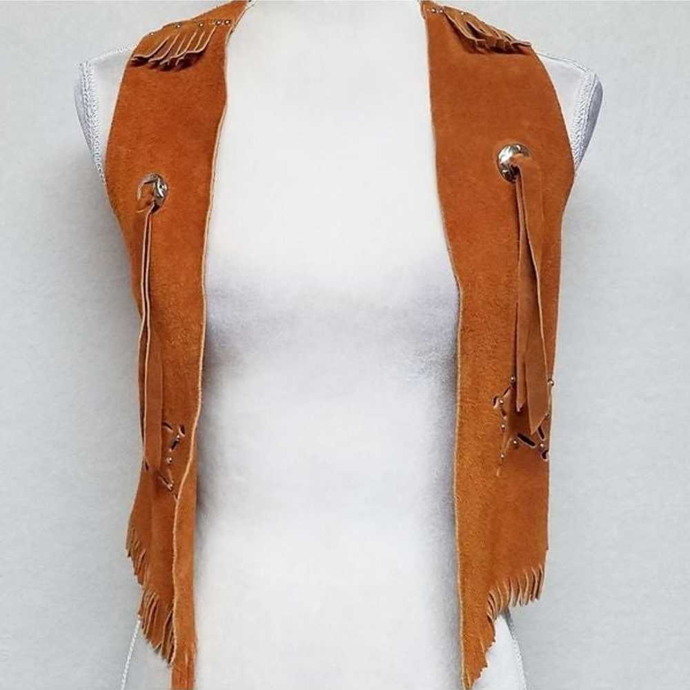 Vintage 70s Caramel Suede Leather Bolo Tie Fringe… - image 4