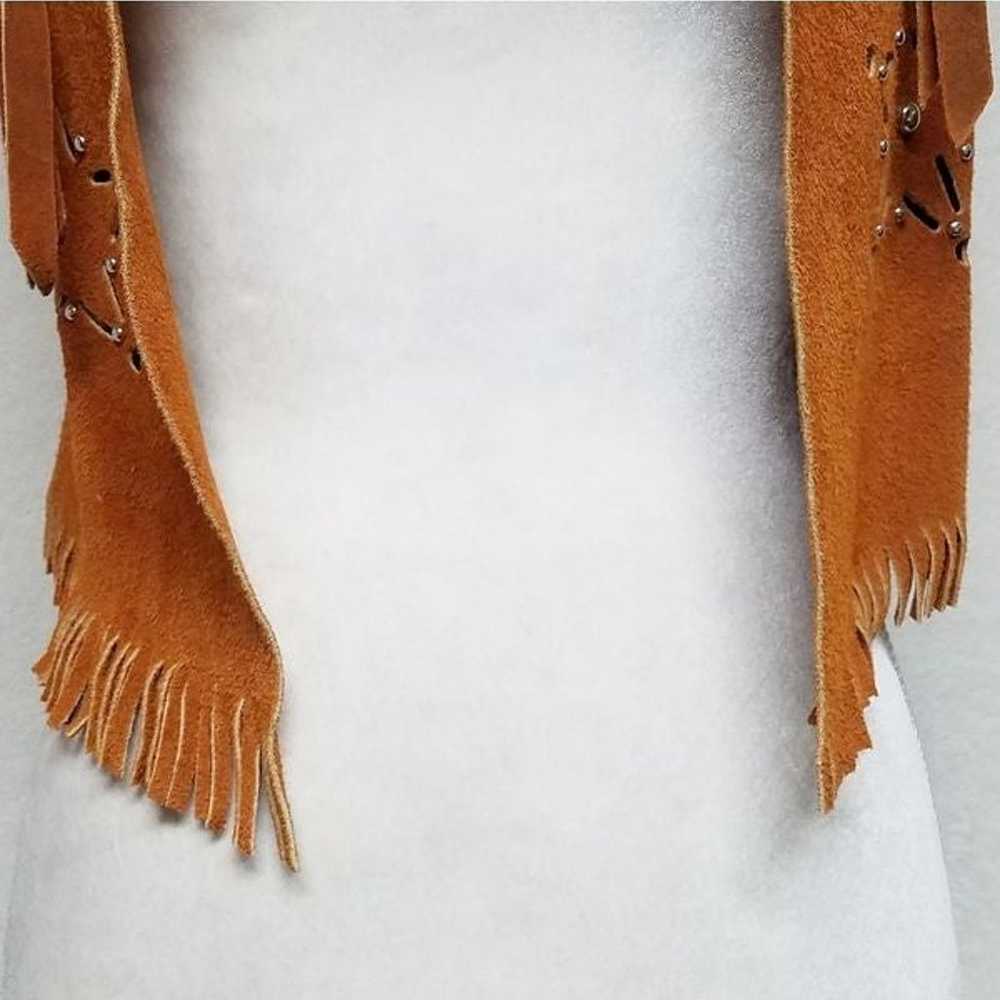 Vintage 70s Caramel Suede Leather Bolo Tie Fringe… - image 5