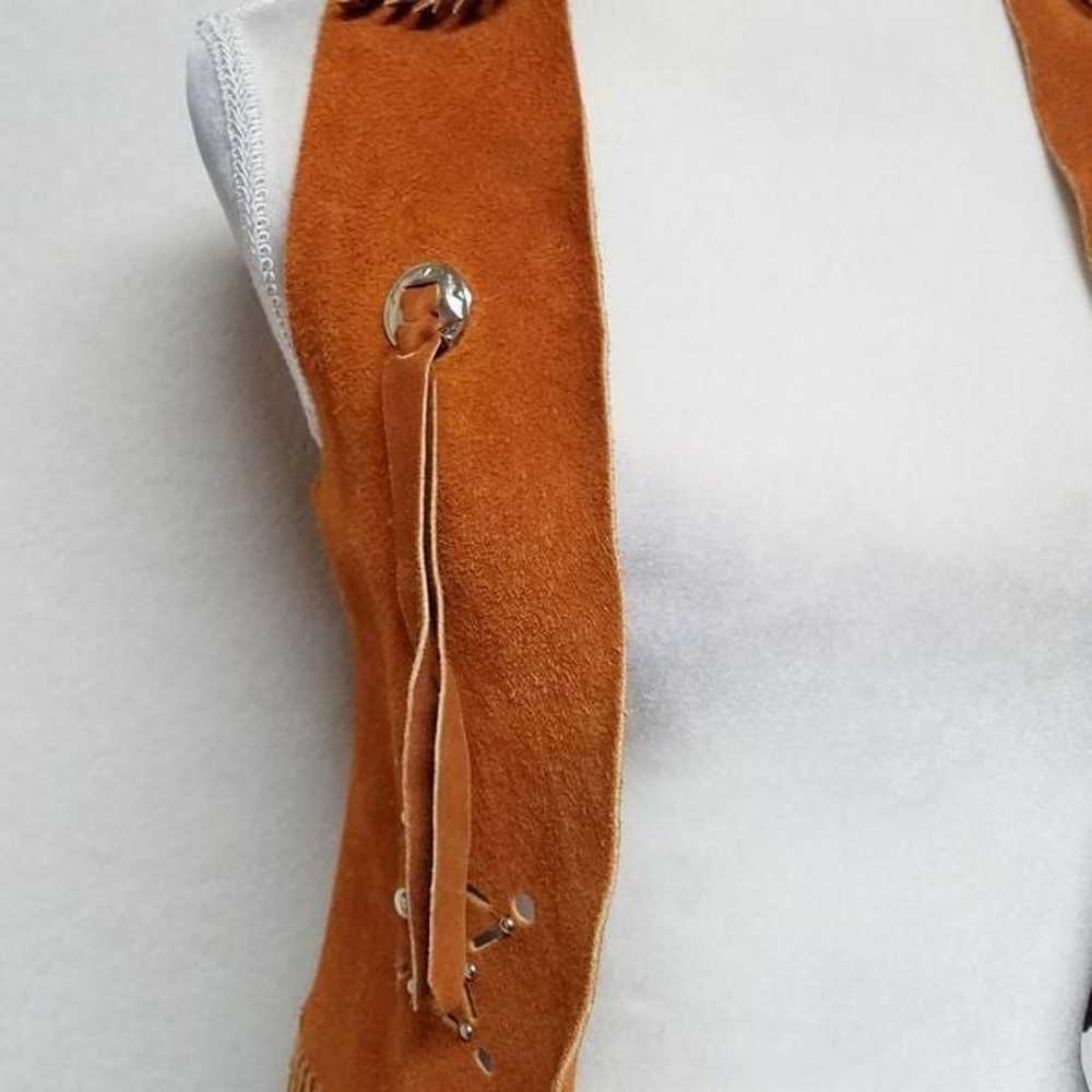 Vintage 70s Caramel Suede Leather Bolo Tie Fringe… - image 6