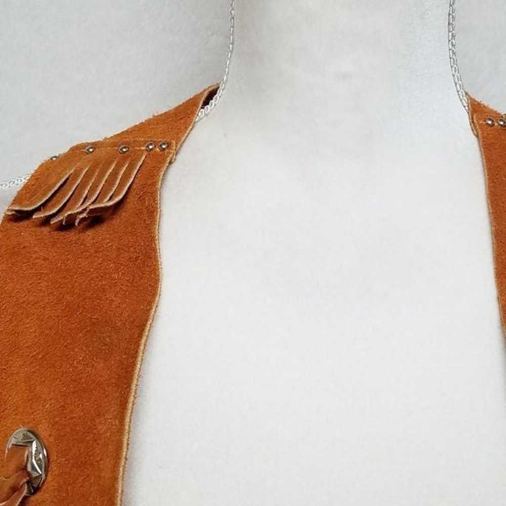 Vintage 70s Caramel Suede Leather Bolo Tie Fringe… - image 8