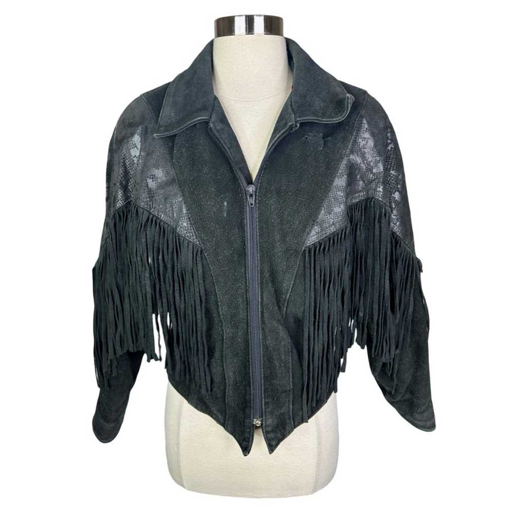 Vintage 90’s CHIA Black Suede Fringe Moto Jacket … - image 1