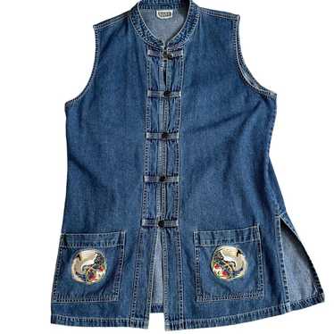 Vintage Sz 12 Crane Embroidered Denim Vest Blouse 