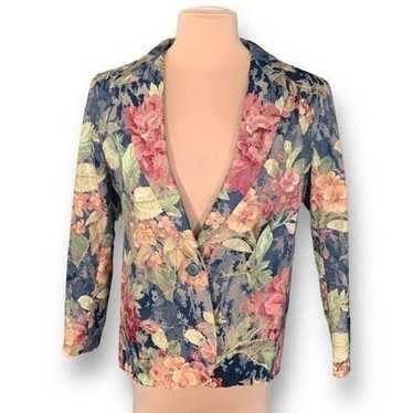 Vintage Blazer Jacket Navy Dark Floral Detail Box… - image 1