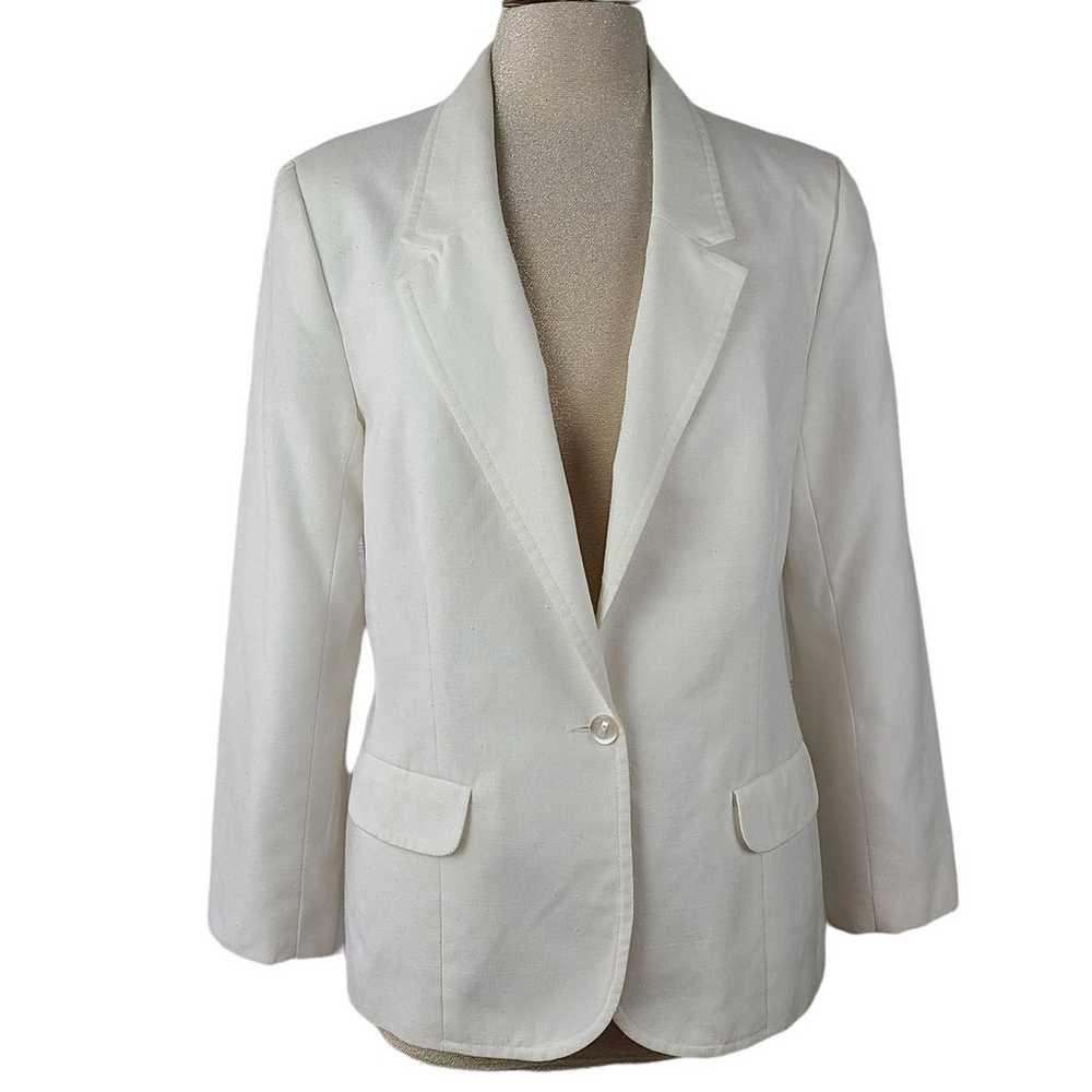 Vintage Linen look padded shoulder white blazer 14 - image 1