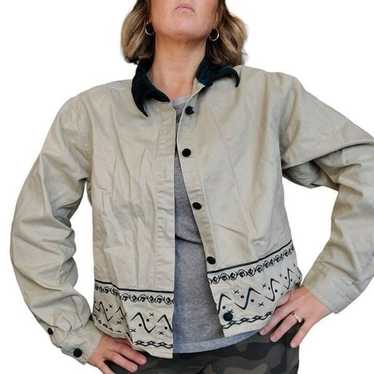 90s Large Khaki Green Embroidered Jacket Velvet C… - image 1