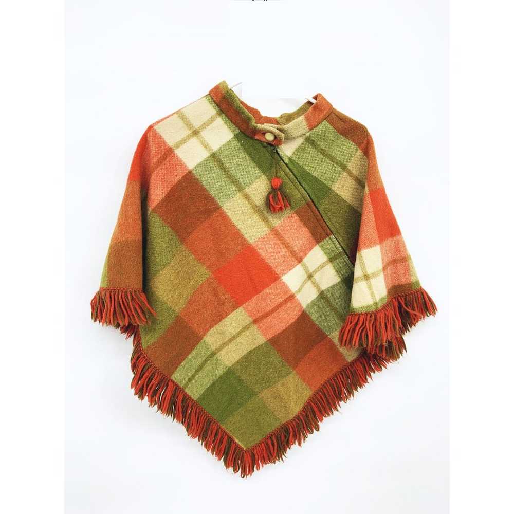 Vintage Wool Blend  Multicolor Plaid Fringe Ponch… - image 1