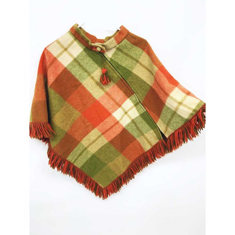 Vintage Wool Blend  Multicolor Plaid Fringe Ponch… - image 2