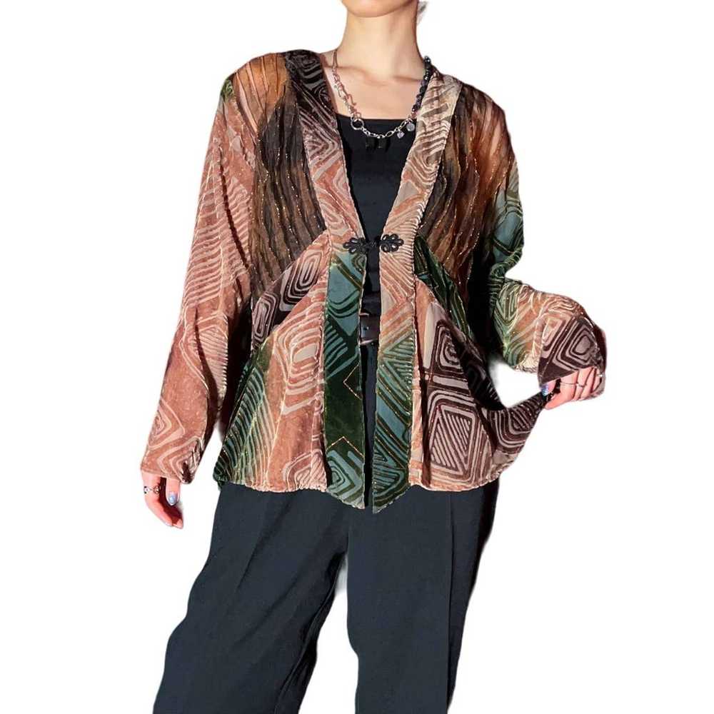 Chicos Large Cardigan Green Brown Semi Sheer Burn… - image 7