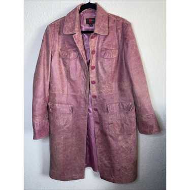 GALLERY Pink Leather Trench Coat Jacket Distress … - image 1