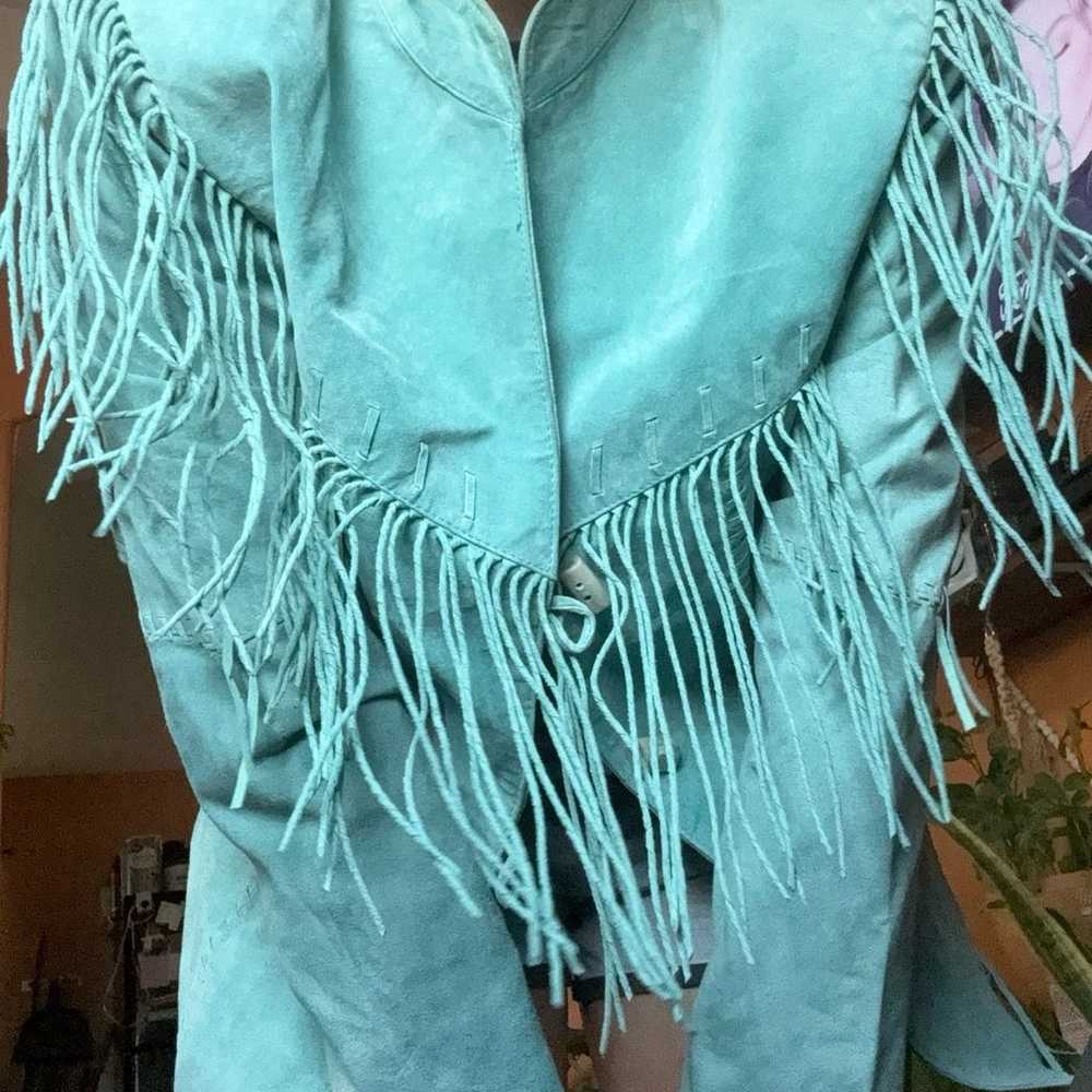 Vintage Scully turquoise leather fringe western j… - image 2