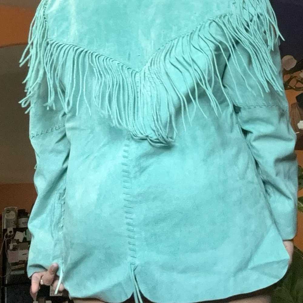 Vintage Scully turquoise leather fringe western j… - image 3