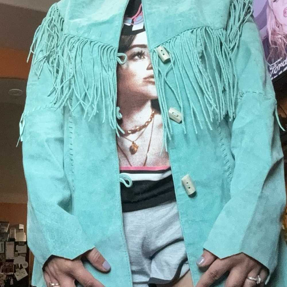 Vintage Scully turquoise leather fringe western j… - image 4