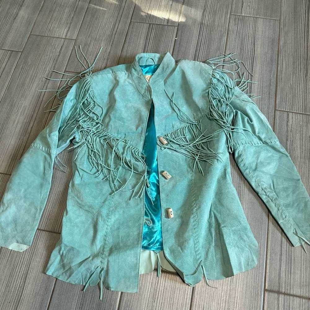 Vintage Scully turquoise leather fringe western j… - image 5