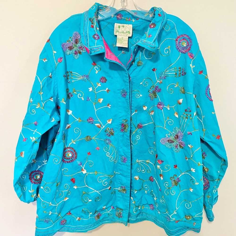 Vintage beaded/embellished floral denim jacket XL - image 1