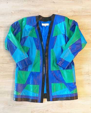 Vintage 80’s Blue Green Patchwork Leather Open Jac