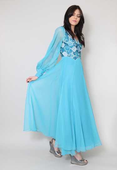 70's Bell Sleeve Vintage Blue Sequin Sheer Maxi D… - image 1