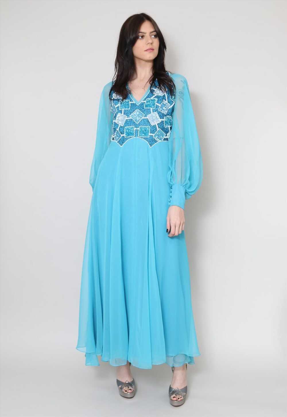 70's Bell Sleeve Vintage Blue Sequin Sheer Maxi D… - image 2