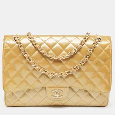 Chanel Cream Quilted Patent Leather Maxi Classic … - image 1